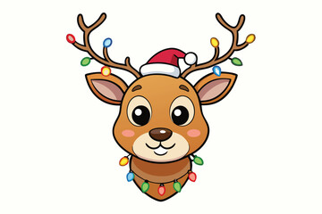 cute reindeer head isolated on white background. Funny Simple flat vector illustration Christmas reindeer in hat and garland with light bulbs.