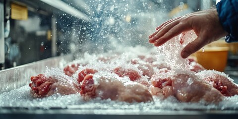 Fototapeta premium Butcher freezing chicken meat in industrial food processing plant