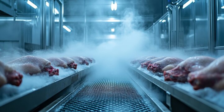 Poultry meat processing plant freezing chicken in industrial refrigerator