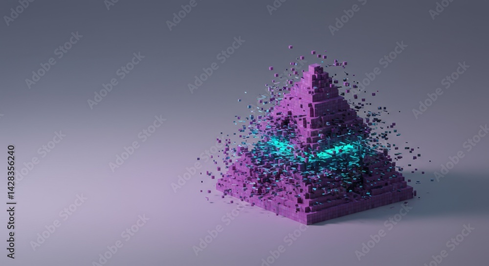 Poster digital pyramid disintegration: abstract 3d render of a pixelated structure collapsing into particle