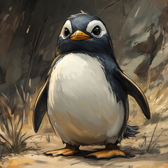Cute cartoon penguin standing in natural environment  