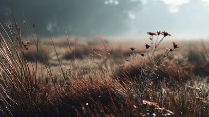 Obraz premium Misty Meadow: Sunlit Flowers in a Serene Autumn Field