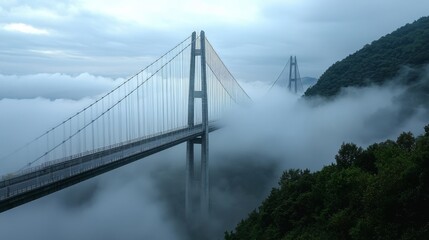 Fototapeta premium Bridge emerges from thick fog, creating a surreal landscape in the morning light