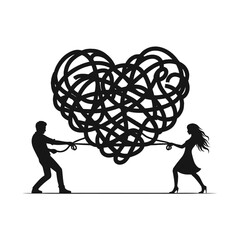 Silhouette of two people pulling a tangled wire shaped like a heart, concept of fixing relationships, black vector icon, isolated 