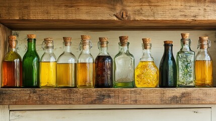 Rustic Wooden Shelf Display of Various Oils Bottles Glass Jars Natural Ingredients Cooking Ingredients Home Decor Kitchen Still Life Photography Bottles Collection Diverse Oils Selection Rustic       