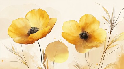 Elegant watercolor floral composition with golden poppies and delicate leaves