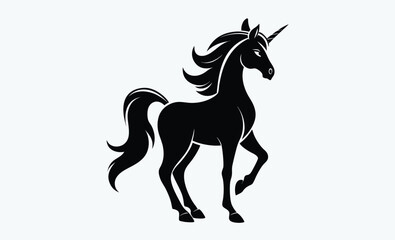 Unicorn silhouette, black vector icon, fantasy animal, magical creature, white background 