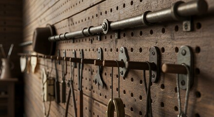 Rustic Workshop Wall Organizer: Vintage Tools and Industrial Design