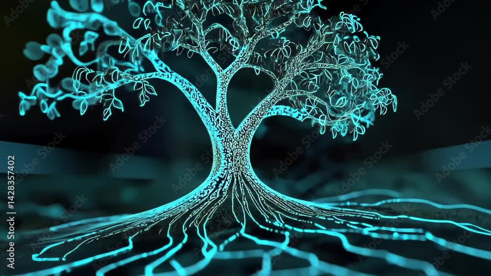 Poster exploring the luminous beauty of a digital tree against a dark backdrop in a mesmerizing fusion of n