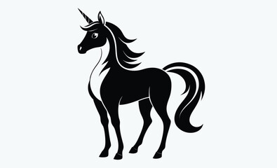 Unicorn silhouette, black vector icon, fantasy animal, magical creature, white background 