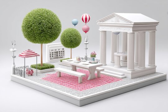 A 3D scene of a flag themed picnic setup with floating celebratory USA symbols