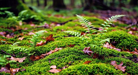 Detailed Close Up of Rich Green Moss Covering a Damp Forest Floor Showcasing Natural Textures Background