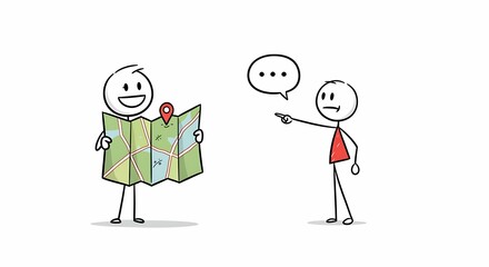 A stick figure consults a map, while another stick figure offers directions