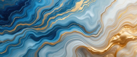 Obraz premium Abstract fluid art, marbled texture, swirling colors, blue and gold palette, ethereal composition, flowing lines, organic shapes, watercolor effect, dreamy atmosphere