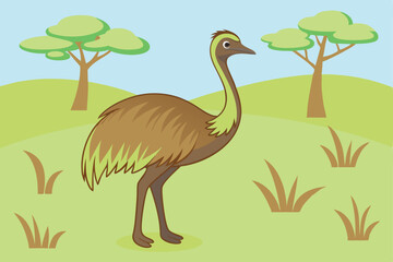 Fototapeta premium Cartoon Emu in Grassy Hills Scenic & Expressive Wildlife Illustration