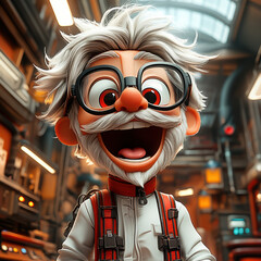 Cheerful scientist character smiling in a vibrant lab environment  