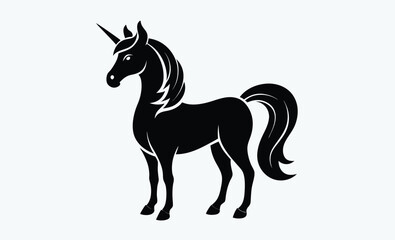 Unicorn silhouette, black vector icon, fantasy animal, magical creature, white background 