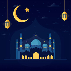 Ramadan Islamic Greeting Card Template for Wallpaper Design. Mosque Night Scene with Crescent Moon and Lanterns