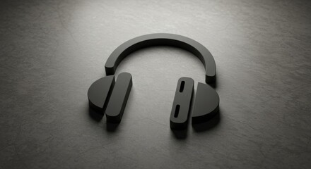 3D model of headphones icon on dark gray surface. Abstract symbol of audio technology with no people, showing a modern digital design.