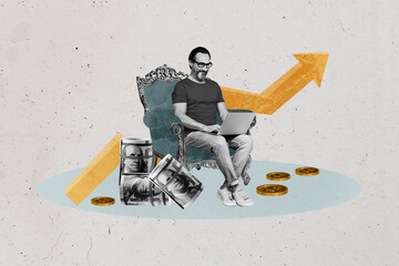 Contemporary artwork collage of happy businessman sit stool freelancer type laptop arrow...