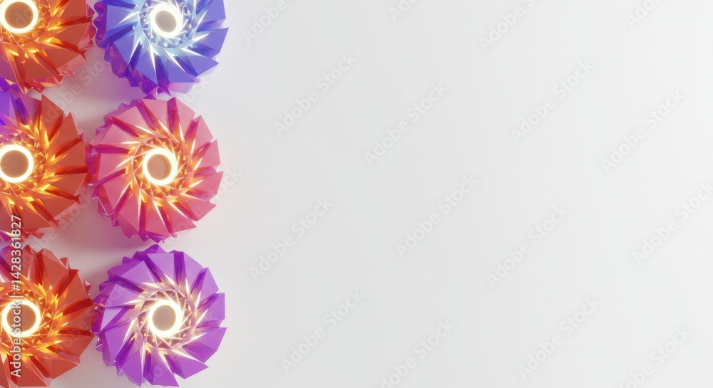Poster abstract colorful geometric designs on white background vibrant 3d rendered circular patterns