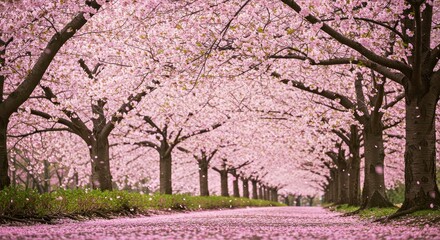 Naklejka premium Delicate Pink Petals Falling in a Peaceful Japanese Style Cherry Blossom Garden Nature Scene Background