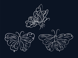Three Elegant Line Art Butterflies Dark Background Design