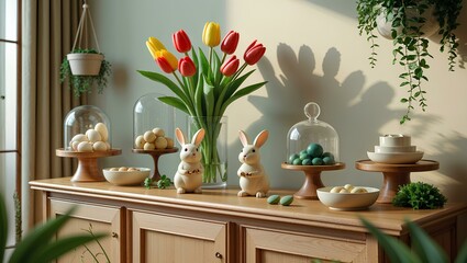 Easter Decoration Decorative Bunnies, Eggs, and Tulips