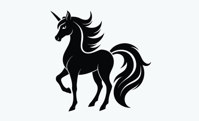 Unicorn silhouette, black vector icon, fantasy animal, magical creature, white background 