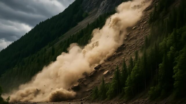 A massive landslide barrels down a forested slope, kicking up clouds of dust and tearing through trees with destructive force