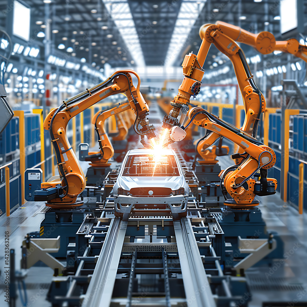 Aufkleber automated car factory assembly line with multiple orange robotic arms welding or working on a vehicl