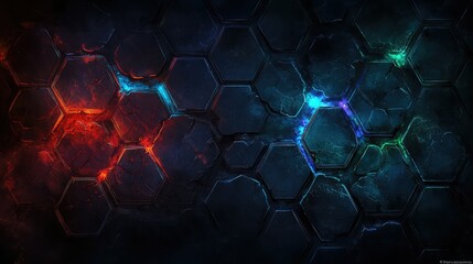 Chromatic Hexagons: A Textured Grid with Vibrant Energy Cybernetic Shards: Glowing Hexagonal Fragments in the Dark.