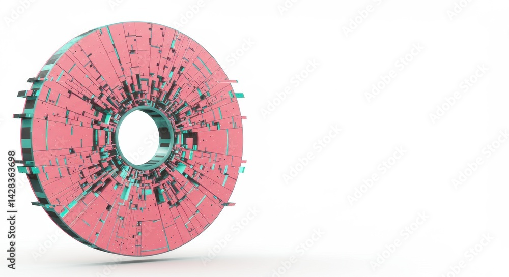 Aufkleber abstract pink and teal geometric 3d render of a fractured circular object