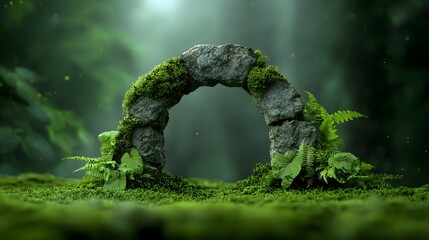 Moss covered stone arch in a mystical forest glade
