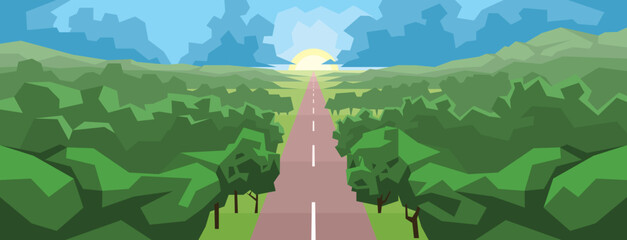 Straight road through green forest to sunrise on the horizon.