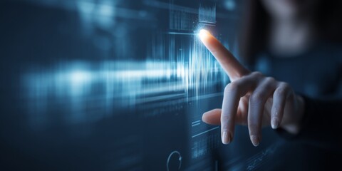 Businesswoman sketching growth graph with digital data on virtual screen, illustrating financial advertisement concept for corporate strategy and marketing technology.