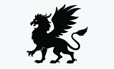 Griffin silhouette, mythological animal, winged beast, Griffin Silhouette on White Background 