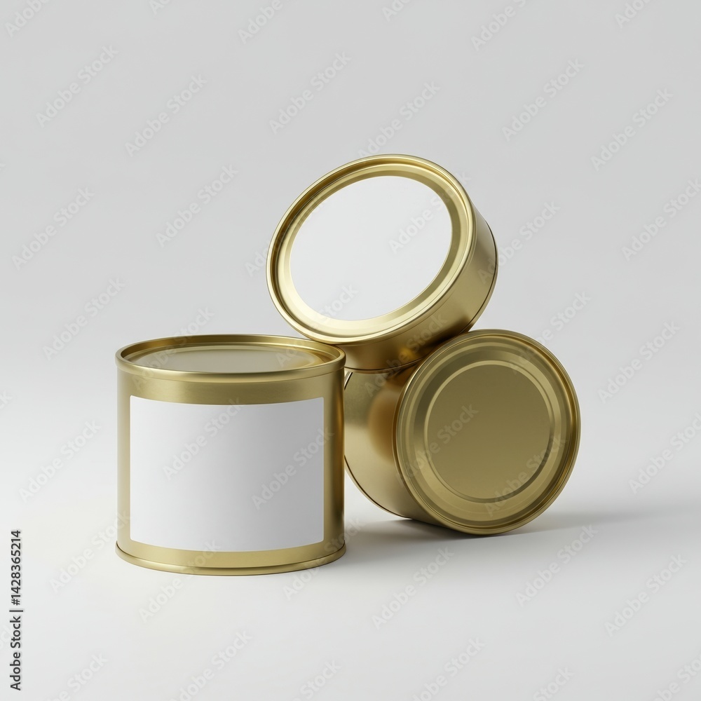 Poster gold food can mockup with blank labels in a stack. stylish, modern presentation of empty metal conta