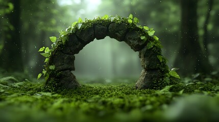 Mystical forest enclave with a stone arch draped in mosses and vines