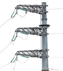 Three tall power lines with a green and white wire