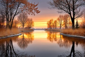Obraz premium A peaceful lake reflecting the golden sky during an extended sunset