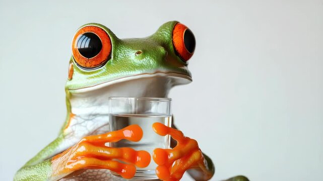 Relaxed cartoon-style frog lounging on a sunbed,holding a cocktail with orange slice and straw,enjoying tropical vacation, humorous animal concept on white background