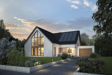 Modernes Einfamilienhaus mit Glasgiebel am Abend