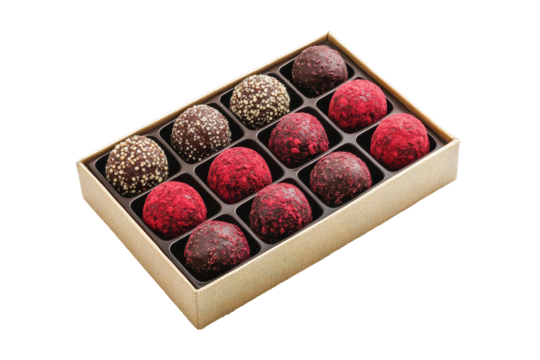 Rich chocolate truffles placed inside luxurious gift box isolated on clean and minimal white background