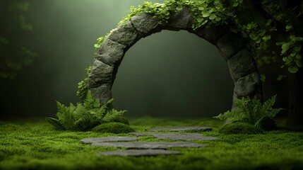 Mystical forest glade with grand stone arch and bioluminescent mushrooms
