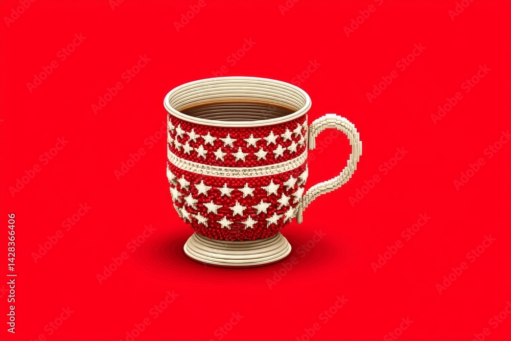 Poster A pixel art style coffee mug with blocky stars and flag pattern in retro video game palette