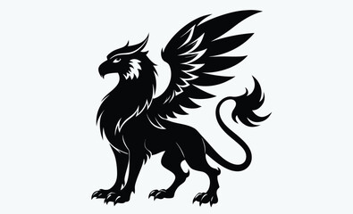 Griffin silhouette, mythological animal, winged beast, Griffin Silhouette on White Background 