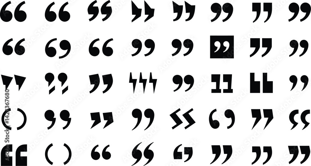 Poster vector quotation mark set different styles for designs and creative projects black and white graphic