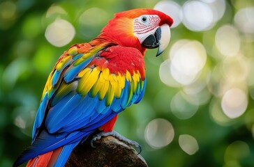 Obraz premium Vibrant Scarlet Macaw Perched on Branch with Lush Green Background and Beautiful Bokeh Effect in Natural Habitat