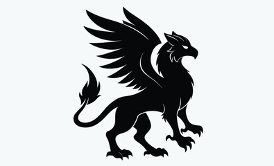 Griffin silhouette, mythological animal, winged beast, Griffin Silhouette on White Background 